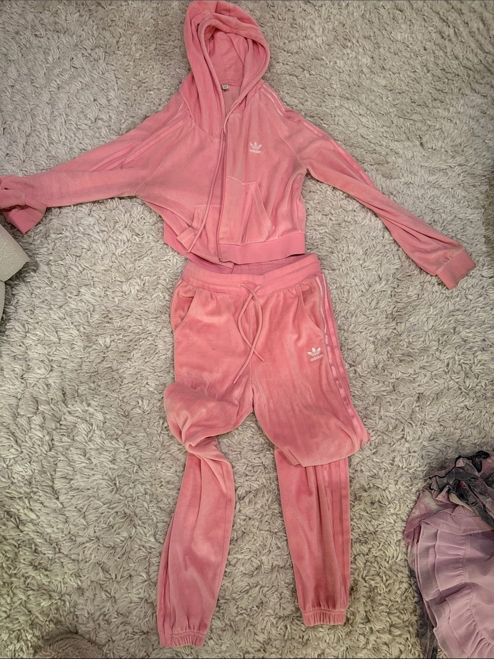 Pink velour Adidas track suit